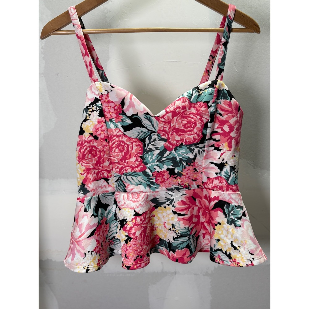 Meraki Pink Floral Peplum Cami Top Womens Large Smocked Back